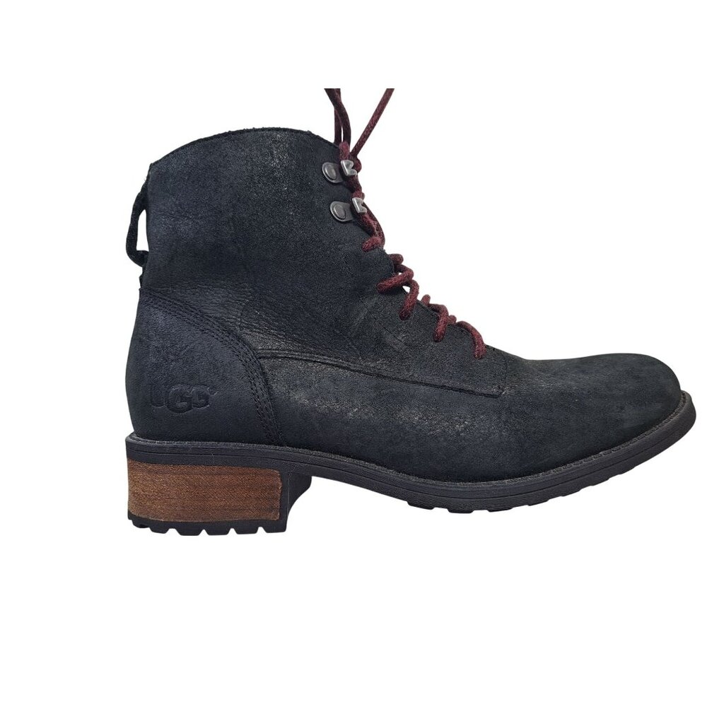 Ugg Denhali Hiker Waterproof Black Leather Shearling Lined Boots Size 7.5